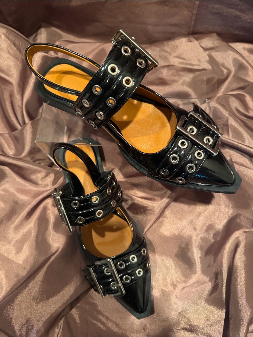 Black Patent Pointed-Toe Slingback Flats with Buckle Straps - Never worn - Picture 3 of 6